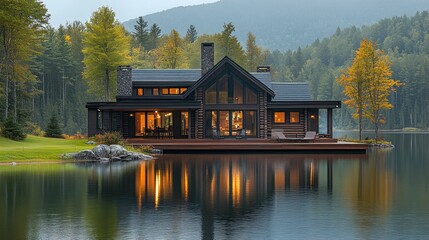 Fototapeta premium A beautiful cabin sits on the edge of a serene lake, reflecting on the water. Surrounded by colorful autumn trees, the scene evokes tranquility in a natural setting. Generative AI