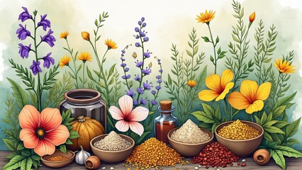 Whimsical Watercolor Apothecary, Enchanted Forest Wildflower and Spice Gathering Illustration