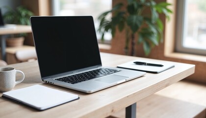 Fototapeta premium Minimalistic workspace with a laptop, tablet, and coffee cup on a wooden desk