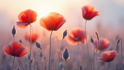 Fototapeta premium Sunrise Poppies, Delicate Crimson Petals in Dusty Lavender Field