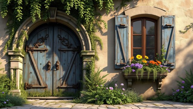 Enchanting Medieval Doorway in Perouges, France, Weathered Stone, Blooming Wildflowers, and Rustic Charm