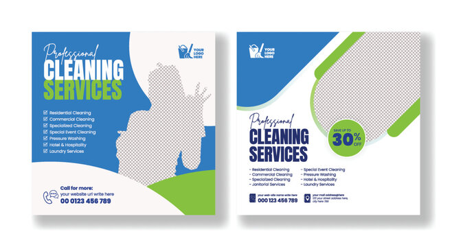 Cleaning service social media posts, banners, business promotional ads, Maid service social media banners, or web banner template designs. Housekeeping, wash, clean or repair service marketing flyer