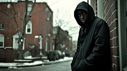 Fototapeta premium Suspicious black man, a drug dealer, lurking on a street corner, waiting for a client