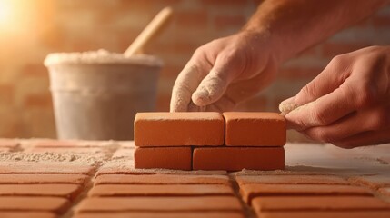  skilled bricklayer's hands placing a red brick onto a fresh layer of mortar