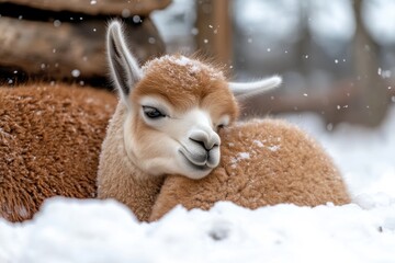 A delightful snapshot of a baby llama nestled against its mother amidst a snowy backdrop, capturing their playful bond and the enchanting beauty of winter's landscape.