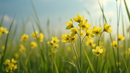 Obraz premium Vibrant Golden Primula Blooms in Lush Meadow, Delicate Yellow Flowers Against Soft Blue Sky