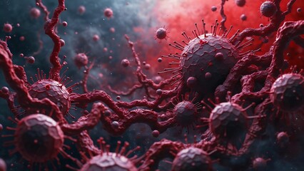 Microscopic Virus Closeup, Detailed 3D Render of Red Viral Network Spreading Infection