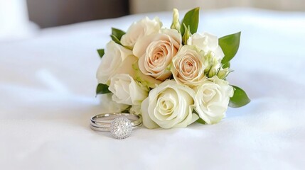  elegant wedding rings placed on a soft white cloth, surrounded by a delicate bridal bouquet