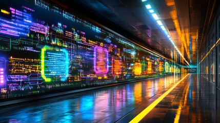 Obraz premium Futuristic subway station, neon lights, fast motion effect