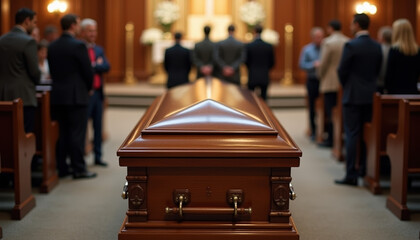 A solemn funeral scene with attendees gathered around a casket, reflecting deep emotions and respect for the departed.