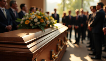 A gathering of mourners surrounding a casket adorned with flowers in a serene environment, paying tribute to the life lost while embracing collective memories.