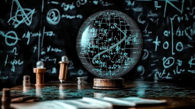 A glowing globe is placed on a wooden desk surrounded by scientific symbols and equations on a chalkboard. The setting conveys an atmosphere of learning and curiosity about science. Generative AI