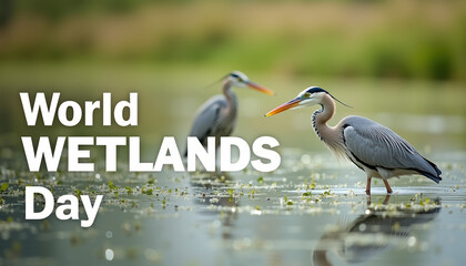 Obraz premium A vibrant banner celebrating World Wetlands Day, featuring images of a heron and egret in a peaceful aquatic setting.