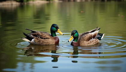 Obraz premium A heartwarming image of mallard ducks interacting in a tranquil wetland, celebrating the significance of nature for World Wetlands Day.
