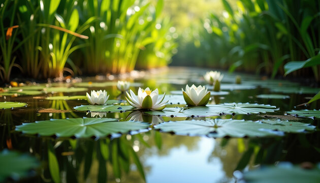 A picturesque banner highlighting a serene water lily pond, conveying the beauty of wetlands for World Wetlands Day.