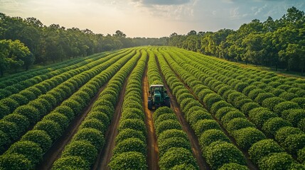 Vibrant sunset over orange orchards with lush fields and mountains in the background