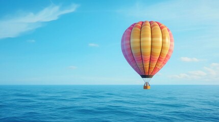 Fototapeta premium view of a vibrant hot air balloon with intricate patterns, floating over a calm blue ocean under a clear sky