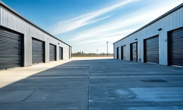 Large outdoor storage unit with black doors and empty parking lot