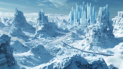 A vast and stunning frozen landscape featuring futuristic skyscrapers made of glass and ice towering over snow-covered mountains. The scene showcases a mix of sharp, jagged peaks and smooth, icy slope