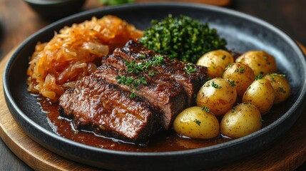 Succulent beef roast served with seasoned baby potatoes and garnished with fresh herbs