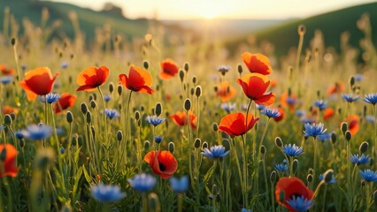 Obraz premium Serene Summer Meadow, Vibrant Poppies and Cornflowers at Sunset - Tranquil Landscape Photography