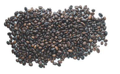 Roasted coffee beans scattered on a white background.  A rich, dark brown color, perfect for coffee-related designs and projects.