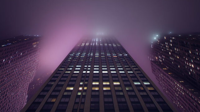 Modern skyscrapers in New York City, Low-angle view from the ground looking up at office buildings illuminated by night light.
Modern skyscrapers in New York City, Low-angle view from the ground loo

