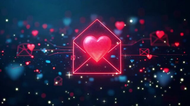 red glowing Heart with email envelope icon	Animated Valentine greeting card.