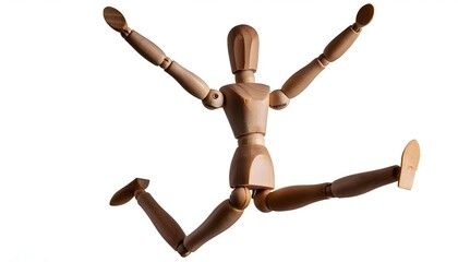 Articulated wooden mannequin displaying an active, expressive jump pose against a clean white background. Perfect for illustrating motion, creativity, and artistic concepts.