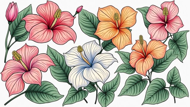 28 Unique Botanical Flowers, Ornate Hand-Drawn Vector Set of Lush, Vibrant Anthurium & Hibiscus Flowers with Intricate Outlines and Leaves, Perfect for Summer Designs & Coloring Books