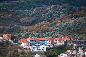 Fototapeta premium View over the green mountains and historical village of Kruja , Albania