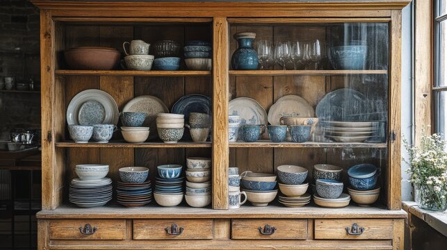 Elegant wooden cabinet filled with fine china and glassware in a vintage setting