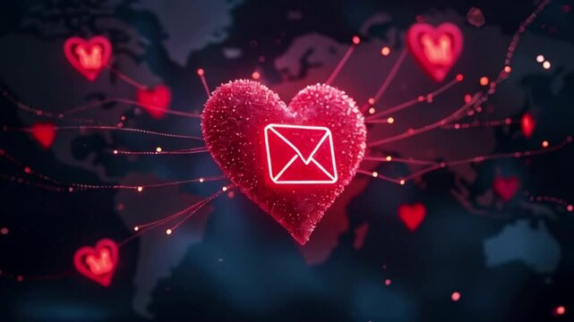 red glowing Heart with email envelope icon,  Animated Valentine greeting card.