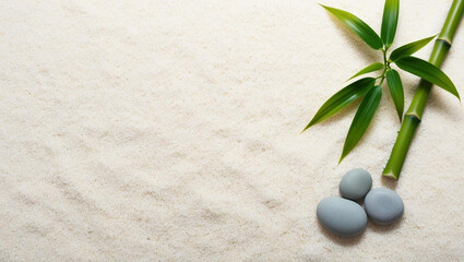 Zen Sand Background with Bamboo and Pebbles – Organic Minimalist Design for Product and Wellness Themes