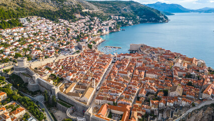 Dubrovnik, the UNESCO World Heritage city on the Adriatic coast of Croatia, captured from a drone,...