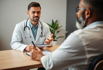 Fototapeta premium Realistic Close-Up of Professional Physician Consulting a Male Patient in a Medical Office Setting, Physician in Medical Uniform Discussing with Male Patient, Holding Clipboard and Pen.