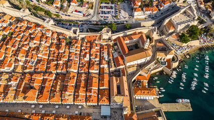 Dubrovnik, the UNESCO World Heritage city on the Adriatic coast of Croatia, captured from a drone,...