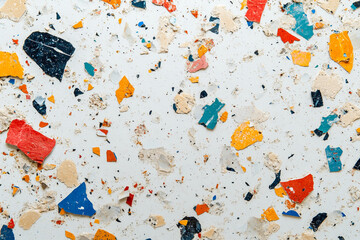 A terrazzo texture with colorful fragments scattered across a clean white surface