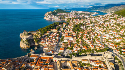 Dubrovnik, the UNESCO World Heritage city on the Adriatic coast of Croatia, captured from a drone,...