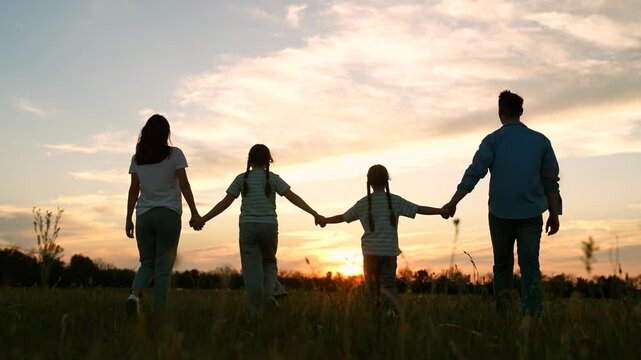 happy family, father mother child sister girl daughter walking sunset holding hands, group people walking sunset summer evening, little child parents happy family, love child woman man, love family