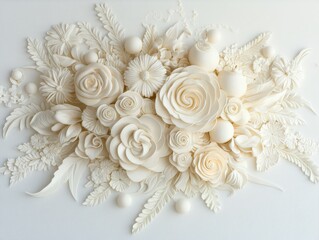 Elegant Cream Floral 3D Relief Intricate White Flowers Rose Bouquet Decorative Art