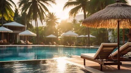 Beautiful coconut palm trees and the resort's gorgeous outdoor pool are surrounded by lavish seats and umbrellas