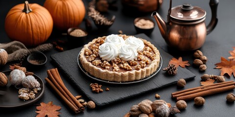 Fototapeta premium A pumpkin pie with whipped cream and nuts on a black table