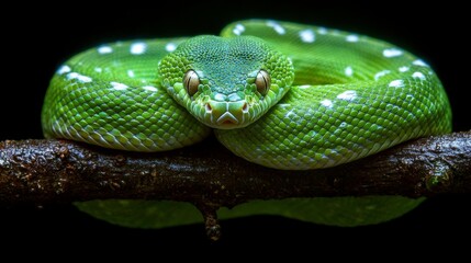 Obraz premium Green snake resting on a branch surrounded by lush foliage in a vibrant habitat