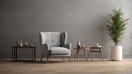 A modern minimalist living room features a gray armchair on a wooden floor against a concrete wall
