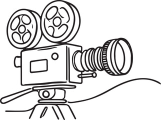 Black and White Line Drawing of a Movie Camera in Minimalist Art