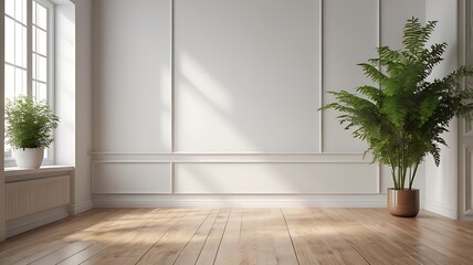 A bright and minimalist room with white walls, wooden floor and a potted plant in the corner. The room is illuminated by natural light coming through a window