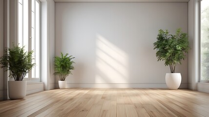 A bright and minimalist room with white walls, wooden floor and a potted plant in the corner. The room is illuminated by natural light coming through a window