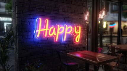 Happy Neon Sign at Night: A Vibrant Cityscape