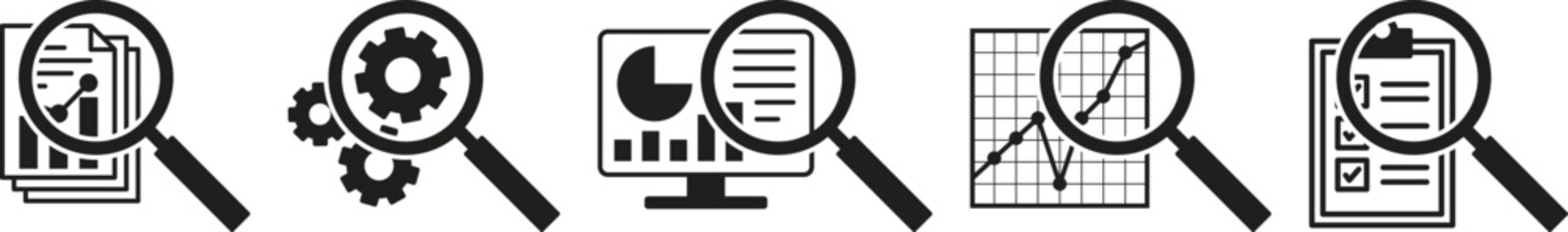 A set of magnifying glass data analysis search icons. Data, analysis, search, statistics, monitoring financial developments. Vector illustration